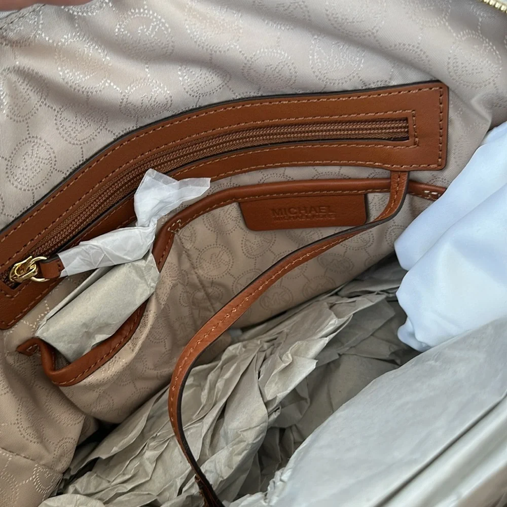 Michael Kors Monogram Cream and Brown Satchel jet travel bag